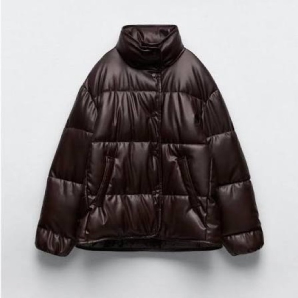 Zara Brown Leather Puffer Jacket